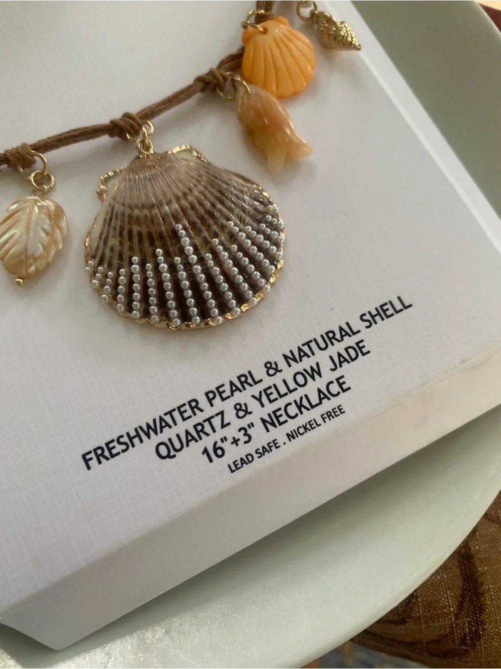 House of Harlow 1960 Brown Cord Shell & Pearl Charm Necklace with Gold Accents